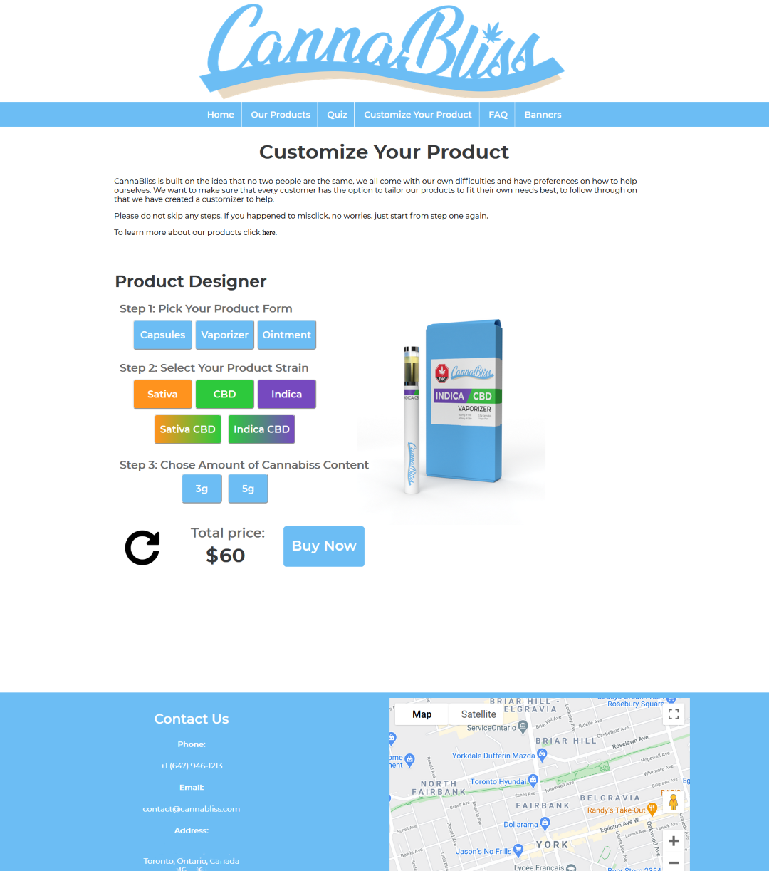 The customizer was the main feature of the website. Toggling between the product form and strain options would change the image to the customized product, and combined with the product quantity the price would be adjusted to reflect the selection. It wasn't until SnailNail that I was able to get a customized product into a cart.